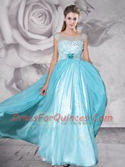 Eye-catching Floor Length Aqua Blue Evening Dress Bateau Cap Sleeves Zipper