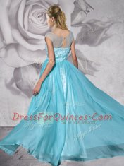 Eye-catching Floor Length Aqua Blue Evening Dress Bateau Cap Sleeves Zipper