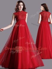 Deluxe Lace Evening Dress Red Zipper Cap Sleeves Floor Length