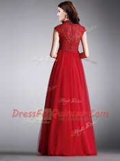 Deluxe Lace Evening Dress Red Zipper Cap Sleeves Floor Length