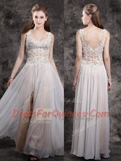 Straps Floor Length Champagne Prom Dress Chiffon Sleeveless Appliques