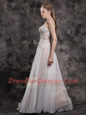 Straps Floor Length Champagne Prom Dress Chiffon Sleeveless Appliques