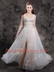 Straps Floor Length Champagne Prom Dress Chiffon Sleeveless Appliques