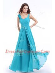 Aqua Blue Chiffon Lace Up Straps Sleeveless Floor Length Prom Gown Ruching