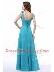 Aqua Blue Chiffon Lace Up Straps Sleeveless Floor Length Prom Gown Ruching