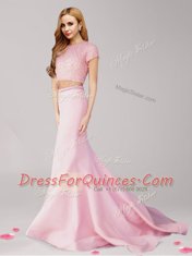 Scoop Beading Evening Dress Pink Zipper Short Sleeves With Brush Train