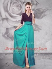 High Quality Floor Length Turquoise Prom Party Dress Half Sleeves Zipper