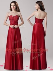 Designer Wine Red Elastic Woven Satin Zipper Prom Party Dress Sleeveless Floor Length Beading and Appliques and Bowknot