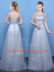 Enchanting Scoop Grey Lace Up Prom Evening Gown Beading Short Sleeves Floor Length