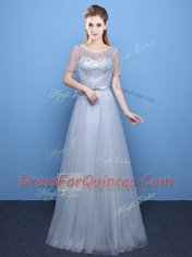 Enchanting Scoop Grey Lace Up Prom Evening Gown Beading Short Sleeves Floor Length