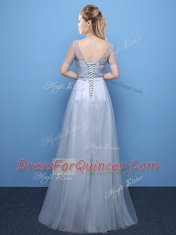Enchanting Scoop Grey Lace Up Prom Evening Gown Beading Short Sleeves Floor Length