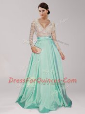 Adorable Floor Length Apple Green Prom Dresses V-neck Long Sleeves Zipper