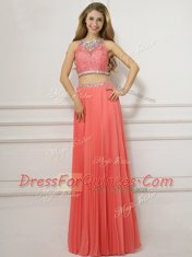 Scoop Sleeveless Zipper Floor Length Beading Prom Dress