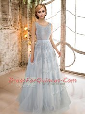 Vintage Scoop Floor Length Lace Up Grey for Prom with Appliques
