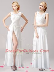 Fine Scoop Floor Length White Homecoming Dress Chiffon Sleeveless Appliques