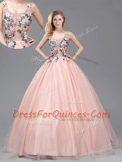Straps See Through Baby Pink Criss Cross Ball Gown Prom Dress Appliques Sleeveless Floor Length