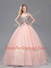 Straps See Through Baby Pink Criss Cross Ball Gown Prom Dress Appliques Sleeveless Floor Length