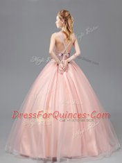 Straps See Through Baby Pink Criss Cross Ball Gown Prom Dress Appliques Sleeveless Floor Length
