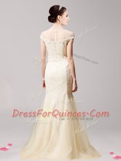 Mermaid Champagne Prom Evening Gown Prom and For with Beading Scoop Cap Sleeves Zipper