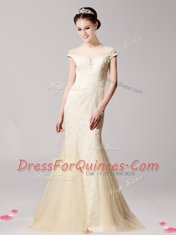 Mermaid Champagne Prom Evening Gown Prom and For with Beading Scoop Cap Sleeves Zipper