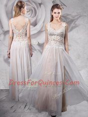 Straps Appliques Homecoming Dress Grey Zipper Sleeveless Floor Length