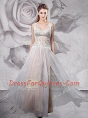 Straps Appliques Homecoming Dress Grey Zipper Sleeveless Floor Length