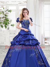 Pretty Off the Shoulder Pick Ups Floor Length A-line Cap Sleeves Royal Blue Sweet 16 Dresses Lace Up