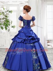Pretty Off the Shoulder Pick Ups Floor Length A-line Cap Sleeves Royal Blue Sweet 16 Dresses Lace Up