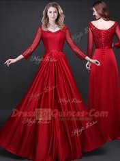 Sumptuous Wine Red Long Sleeves Floor Length Appliques and Belt Lace Up Prom Party Dress