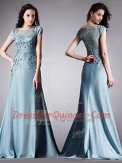 Sophisticated Scoop Light Blue Cap Sleeves Satin Zipper Dress for Prom for Prom