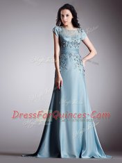 Sophisticated Scoop Light Blue Cap Sleeves Satin Zipper Dress for Prom for Prom