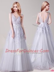 Silver A-line V-neck Sleeveless Tulle Floor Length Backless Appliques and Belt Evening Dress