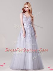 Silver A-line V-neck Sleeveless Tulle Floor Length Backless Appliques and Belt Evening Dress