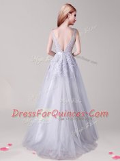 Silver A-line V-neck Sleeveless Tulle Floor Length Backless Appliques and Belt Evening Dress