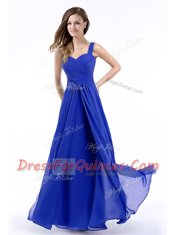 Royal Blue Chiffon Zipper Straps Sleeveless Floor Length Homecoming Dress Hand Made Flower