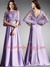 Sophisticated Scoop Half Sleeves Evening Dress Floor Length Lace Lavender Satin