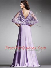 Sophisticated Scoop Half Sleeves Evening Dress Floor Length Lace Lavender Satin