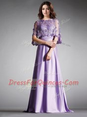 Sophisticated Scoop Half Sleeves Evening Dress Floor Length Lace Lavender Satin