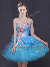 Blue A-line Tulle Strapless Sleeveless Hand Made Flower Mini Length Lace Up Prom Evening Gown