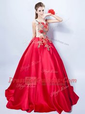 Scoop Sleeveless Lace Up Dress for Prom Red Elastic Woven Satin