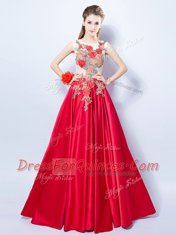 Scoop Sleeveless Lace Up Dress for Prom Red Elastic Woven Satin