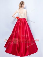 Scoop Sleeveless Lace Up Dress for Prom Red Elastic Woven Satin