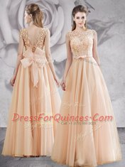Cheap Champagne A-line Tulle Bateau Sleeveless Appliques and Bowknot Floor Length Lace Up Evening Dress