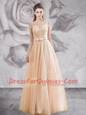 Cheap Champagne A-line Tulle Bateau Sleeveless Appliques and Bowknot Floor Length Lace Up Evening Dress