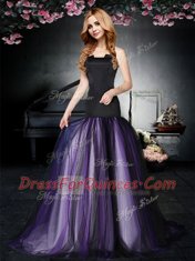 Top Selling Strapless Sleeveless Prom Evening Gown With Brush Train Ruching Black and Purple Tulle