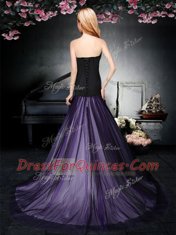 Top Selling Strapless Sleeveless Prom Evening Gown With Brush Train Ruching Black and Purple Tulle