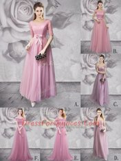 Floor Length Lilac Scoop Half Sleeves Lace Up