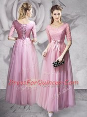 Floor Length Lilac Scoop Half Sleeves Lace Up