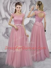 Floor Length Lilac Scoop Half Sleeves Lace Up