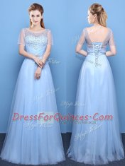 Spectacular Scoop Light Blue Short Sleeves Floor Length Beading Lace Up Homecoming Dress